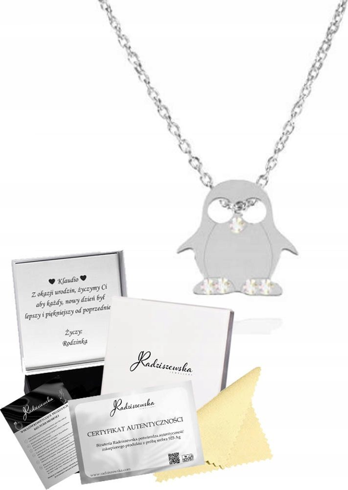 Radziszewska Jewellery NASZYJNIK SREBRNY Z PINGWINEM PINGWIN ŁAŃCUSZEK PREZENT ŻYCZENIA GRATIS
