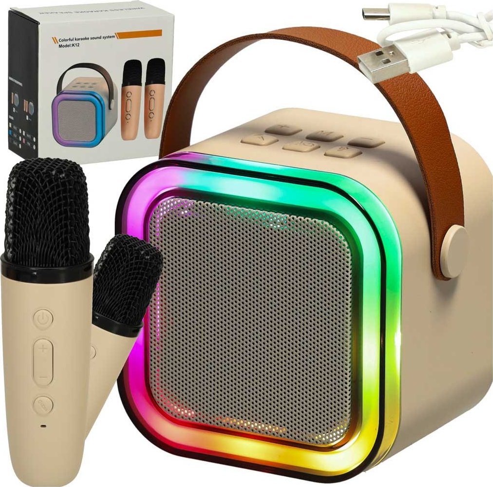 Zestaw do karaoke 2 mikrofony + głośnik przenośny BLUETOOTH USB LED beżowy Kik sp. z o.o. sp. k.