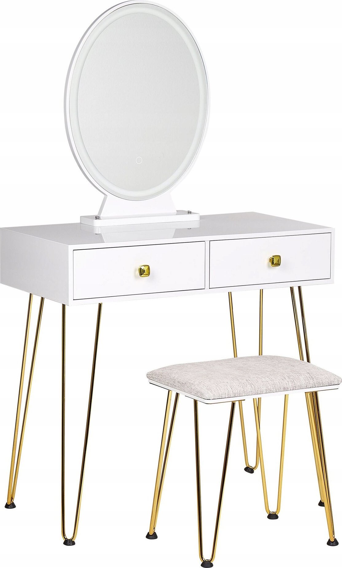 Beliani Toaletka 2 szuflady lustro LED ze stołkiem biało-złota CAEN
