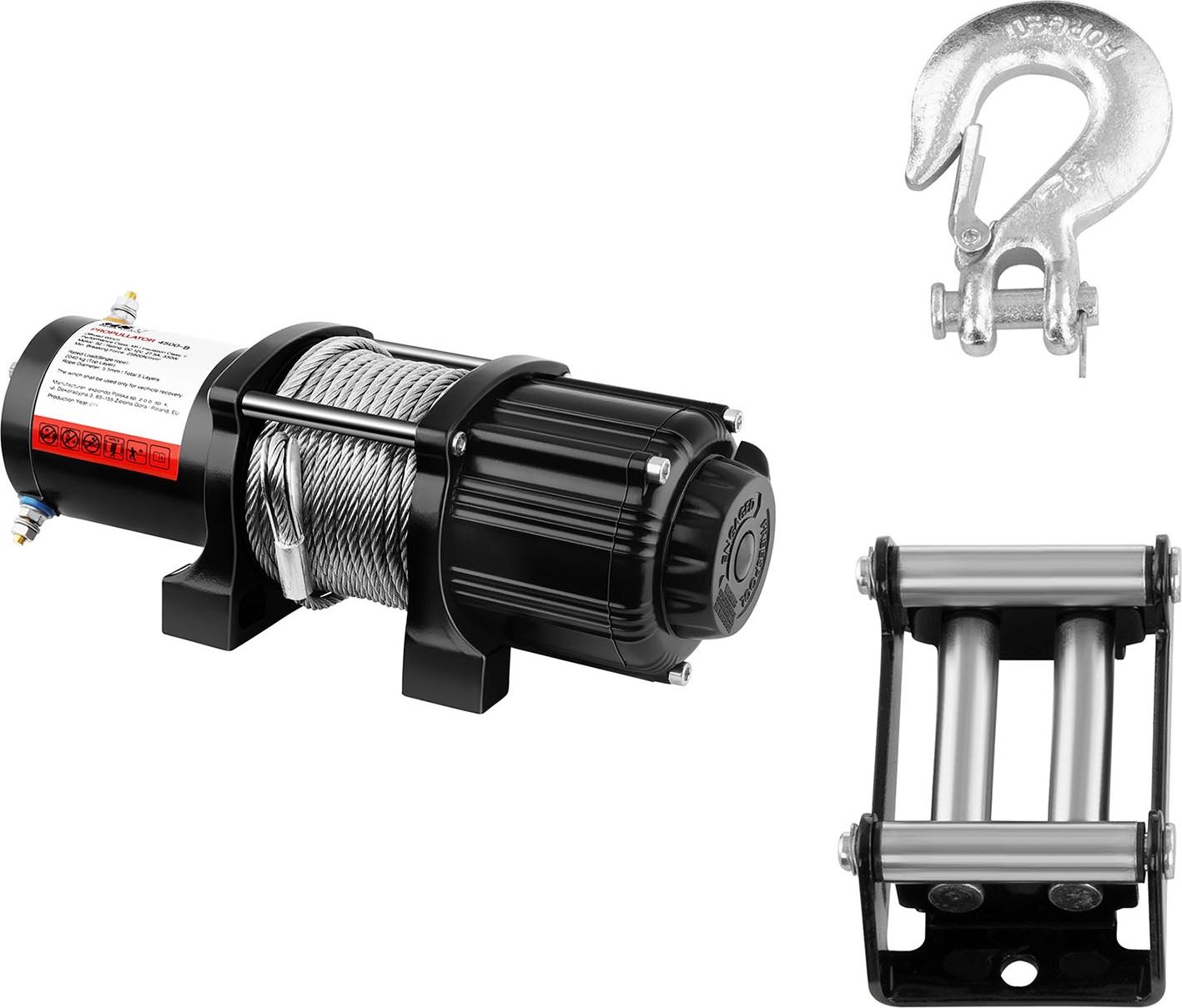 MSW Wyciągarka linowa terenowa off road do samochodu lina 12.5 m uciąg 2040 kg + Prowadnica rolkowa Wyciągarka linowa terenowa off road do samochodu l