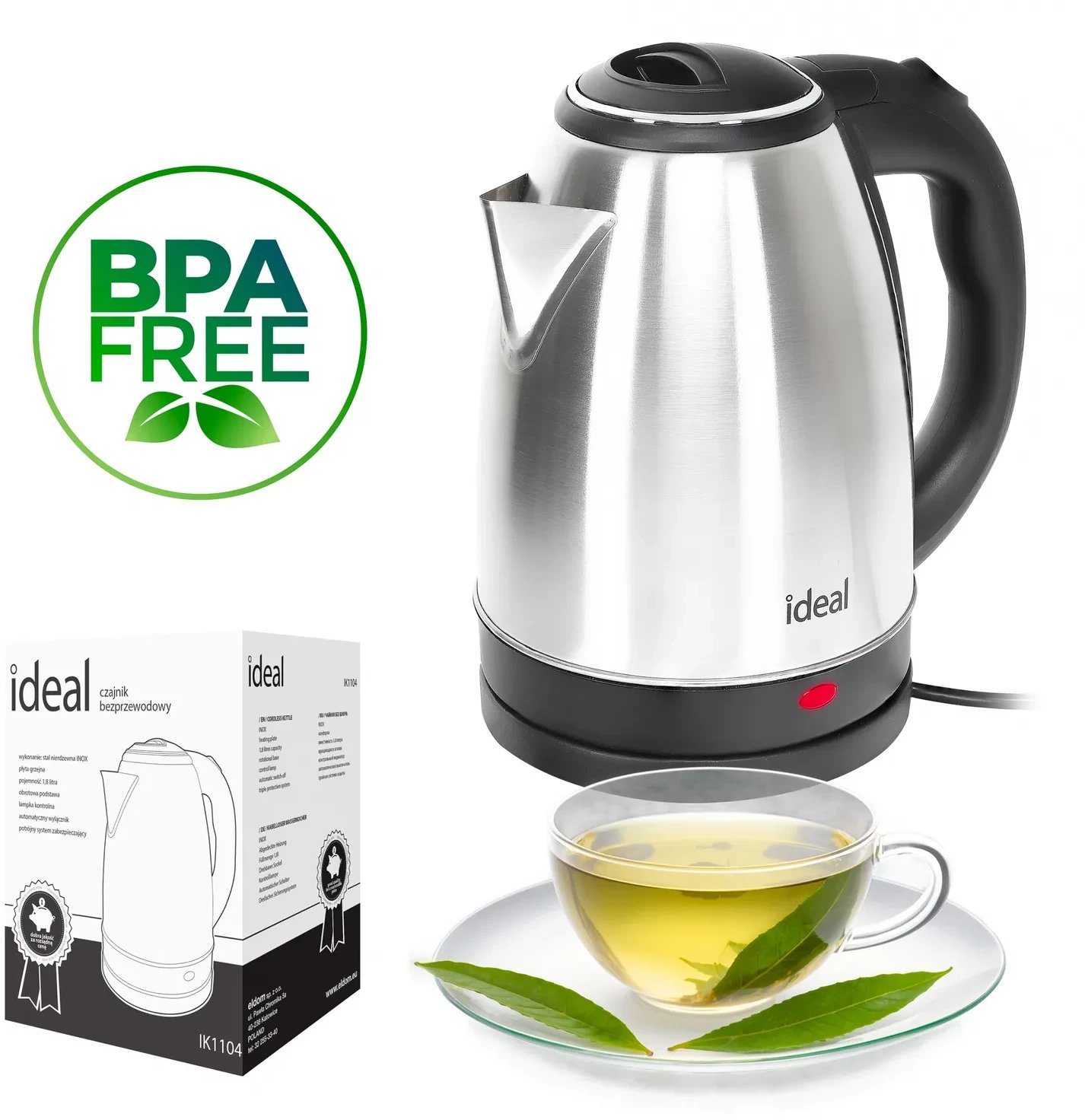 DUŻY MOCNY STALOWY CZAJNIK NIERDZEWNY elektryczny bezprzewodowy IDEAL 1,8L