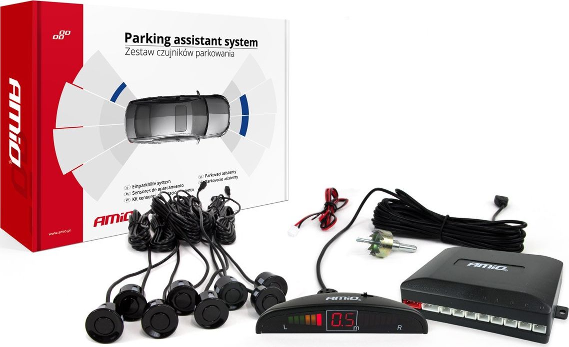 AMiO Zestaw czujników parkowania cofania led 8 sensorów czarne gold 18mm