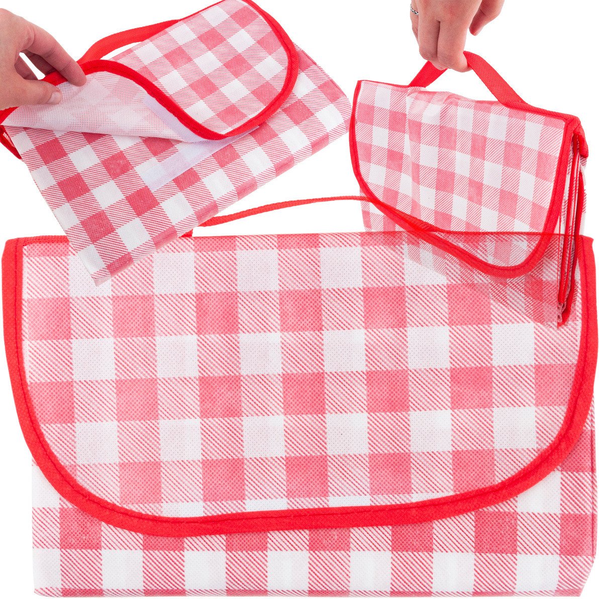 TG71411-3 DUŻY KOC PIKNIKOWY TURYSTYCZNY PLAŻOWY WODOODPORNY MATA CZERWONA KRATA