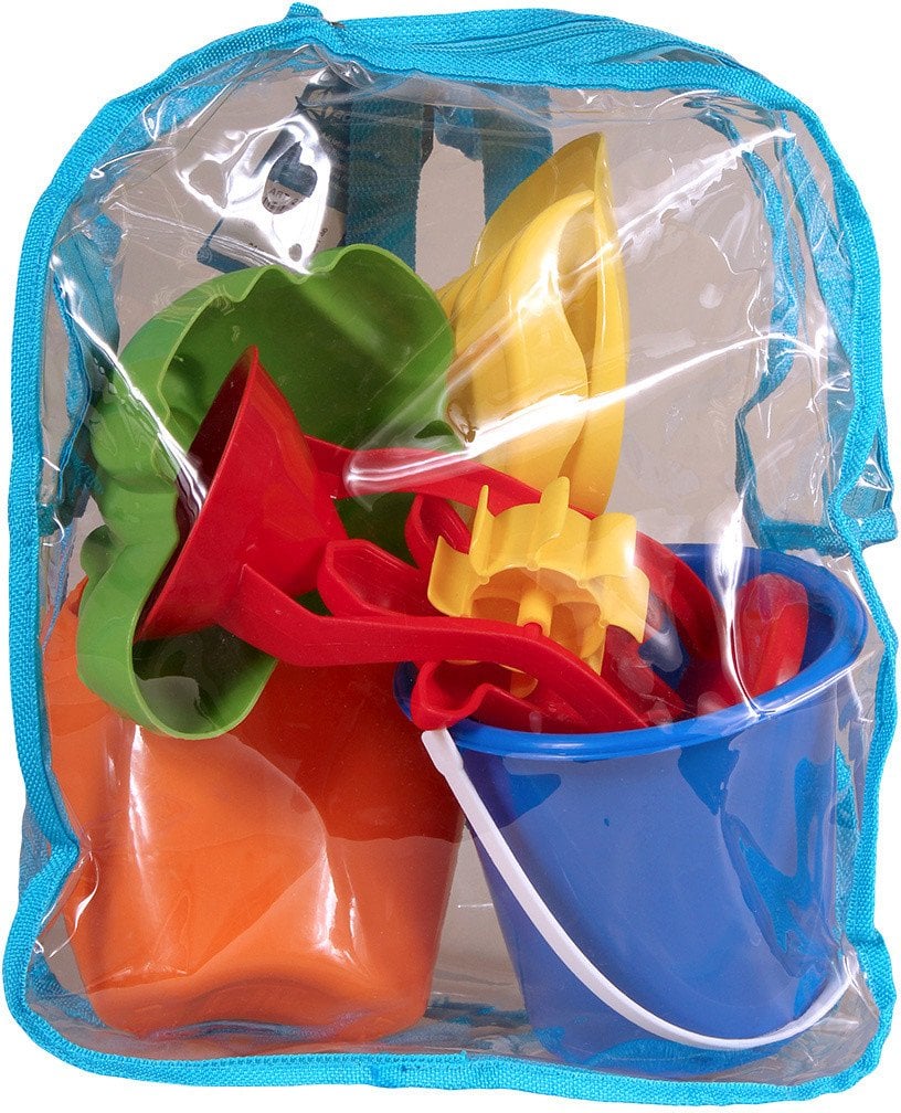Sand play set in a backpack with a bucket and molds