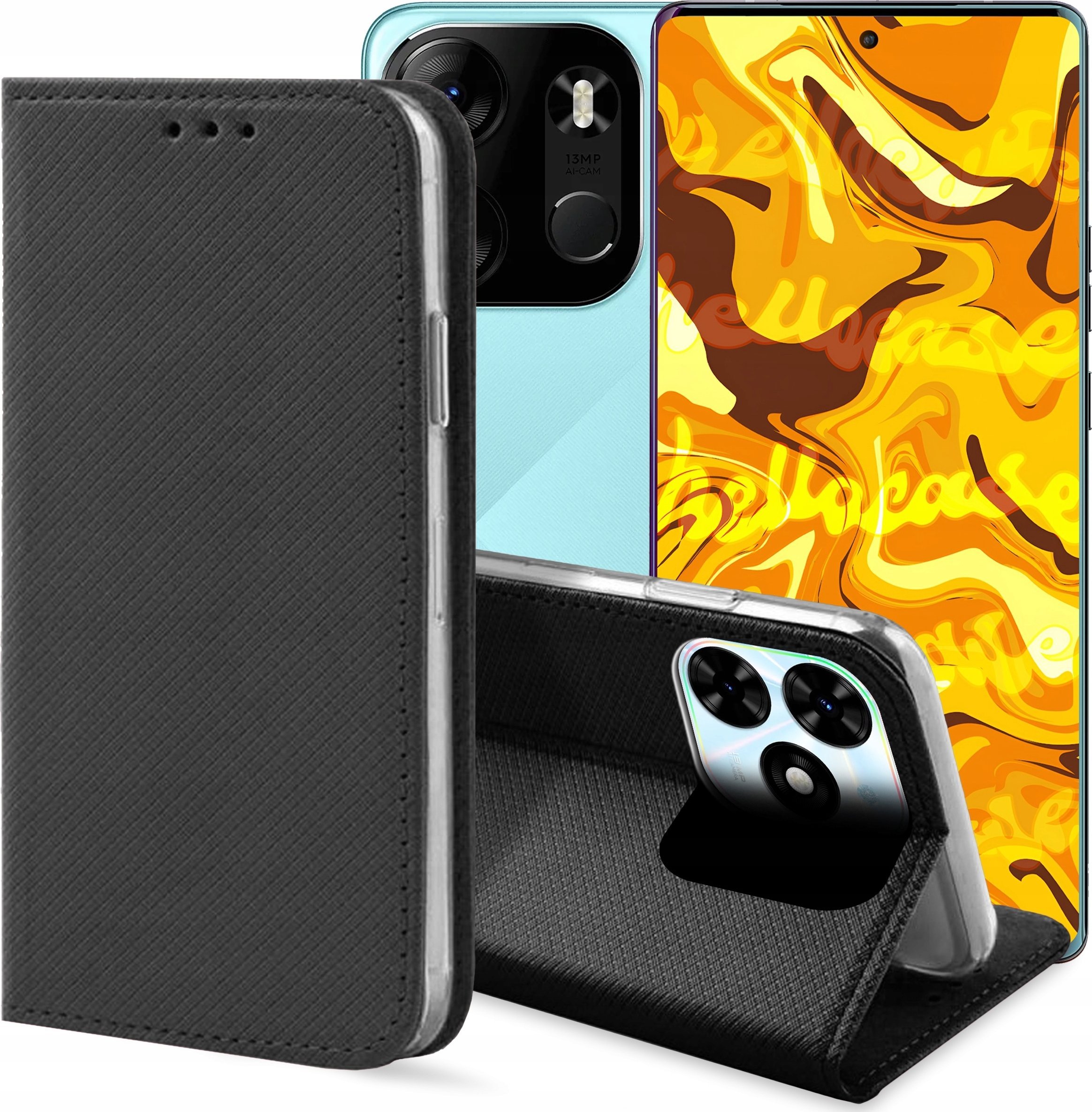 Hello Case ETUI Z KLAPKĄ DO TECNO SPARK GO 2024 CZARNE ZAMYKANE MAGNETYCZNE KABURA