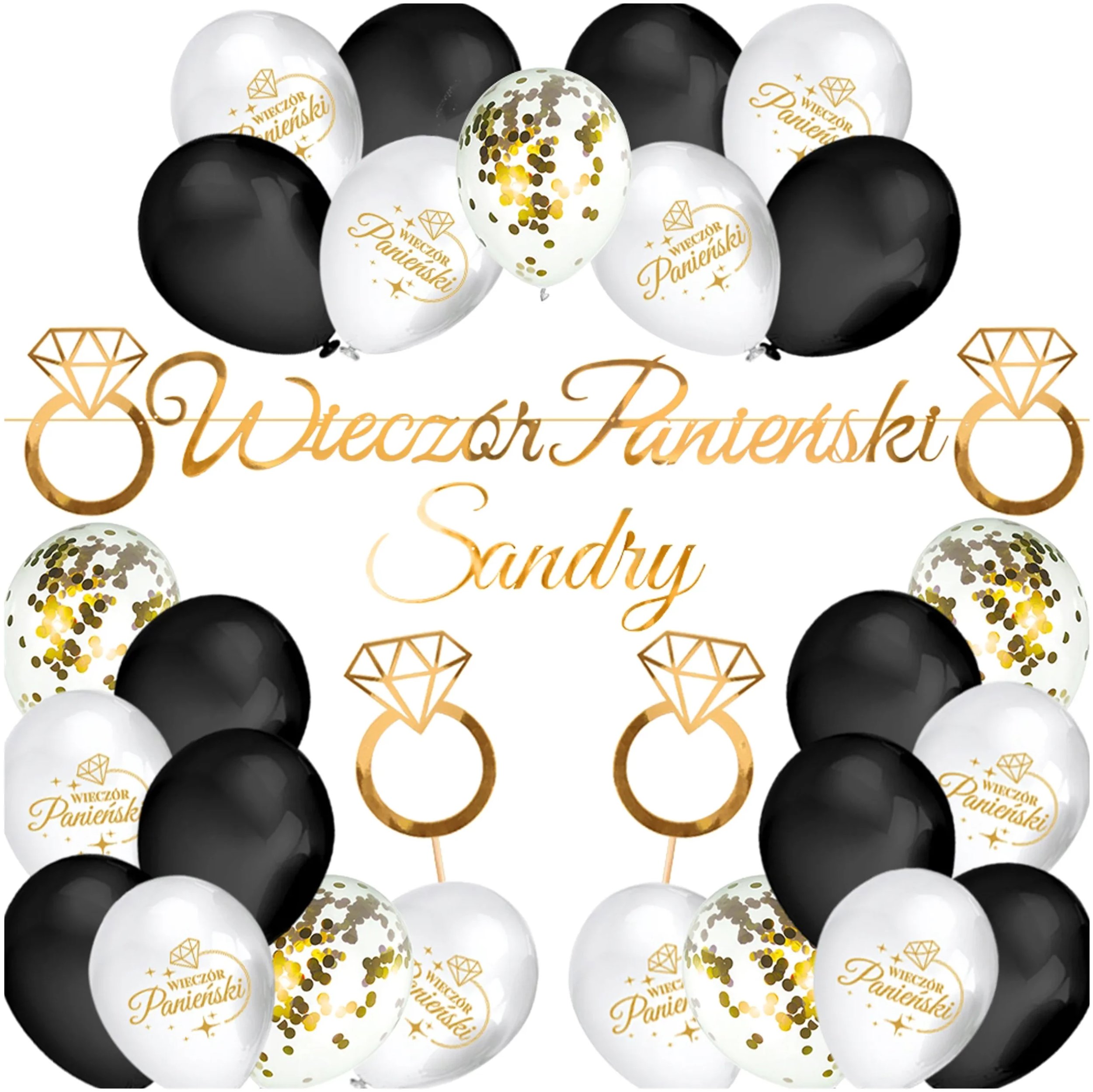 Zestaw Panieński Balony Baner Toppery Pierścionki Biel-Czerń