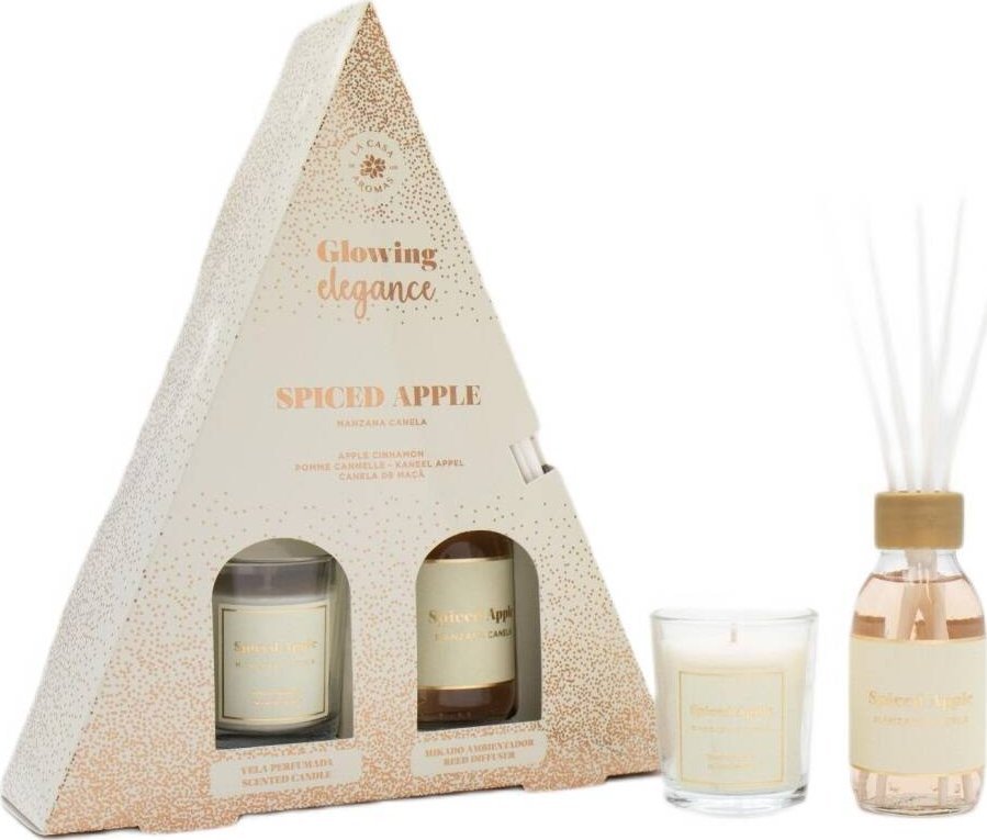 Dyfuzor zapachowy HiSkin Glowing Elegance zestaw patyczki zapachowe Jabłko i Cynamon 95ml + świeca zapachowa Jabłko i Cynamon 120g