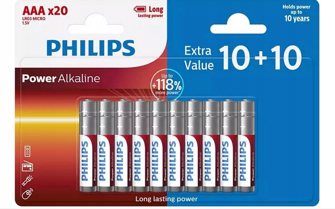 Philips Bateria AAA alkaliczna 10 + 10 sztuk LR03P20BP/10