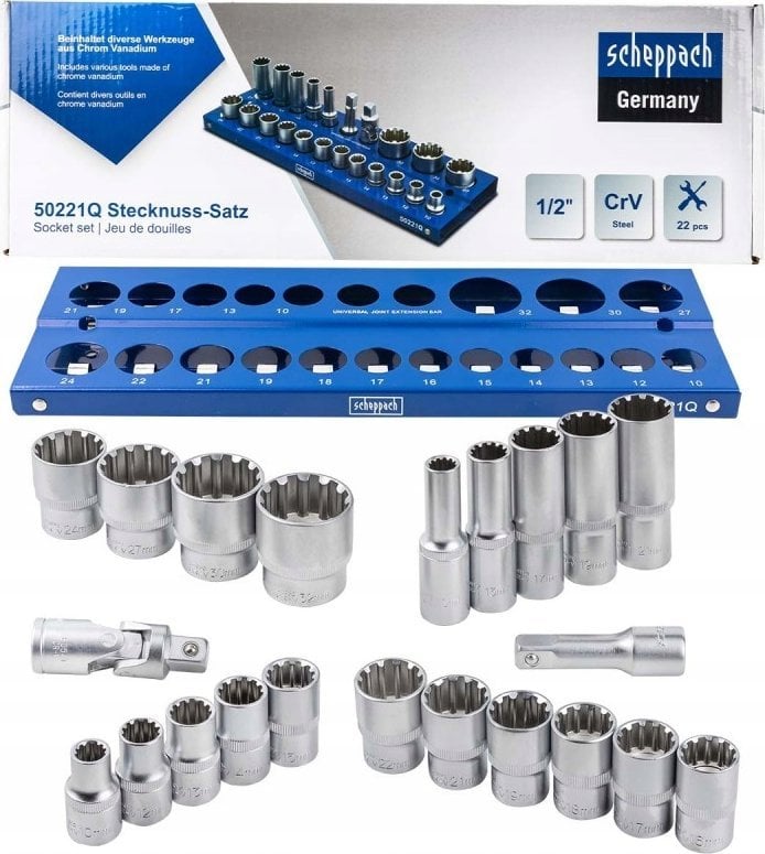 Scheppach Zestaw nasadek 1/2" SPLINE 22el. (10-32mm) (12-kątnych)