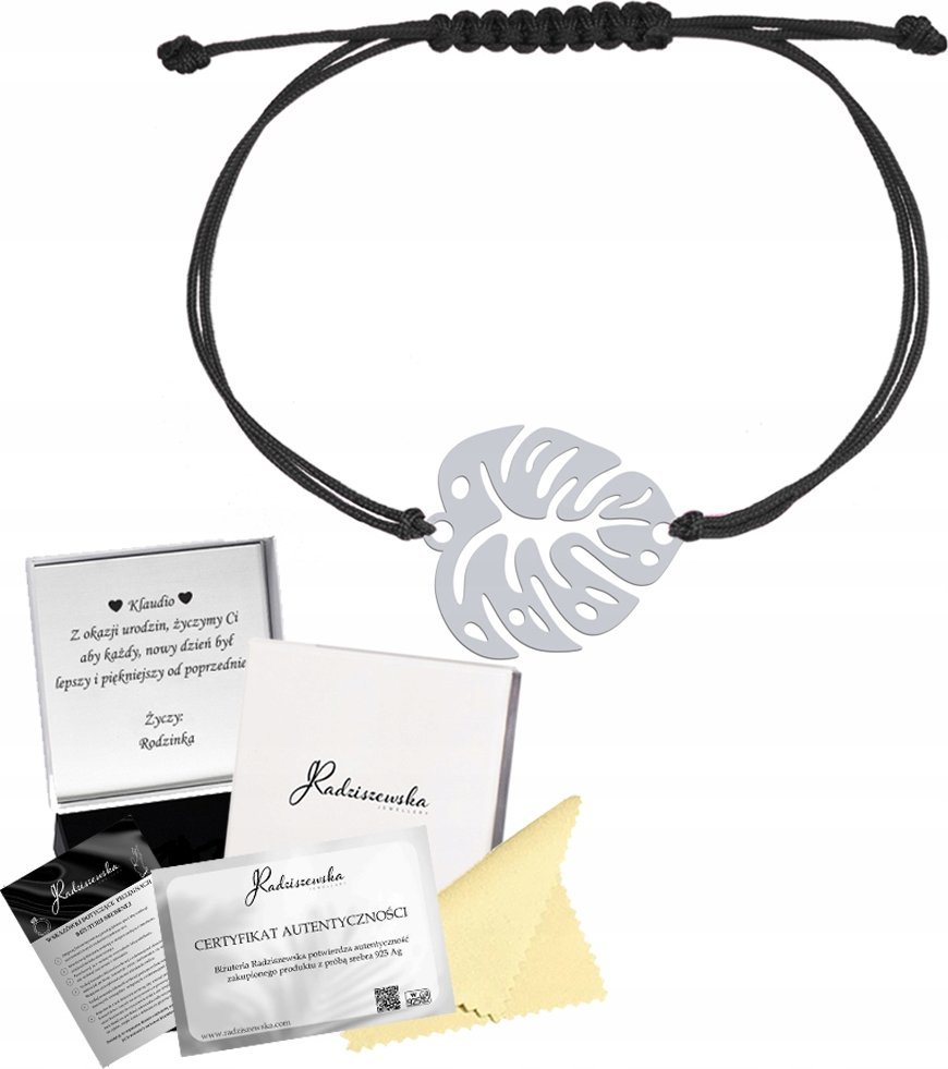 Radziszewska Jewellery Bransoletka Srebrna LIŚĆ MONSTERY Sznurek 925 Prezent Kobieta DEDYKACJA
