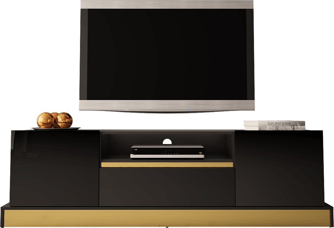 MEGSTYL SZAFKA RTV Z złotym akcentem Czarny mat Czarny połysk