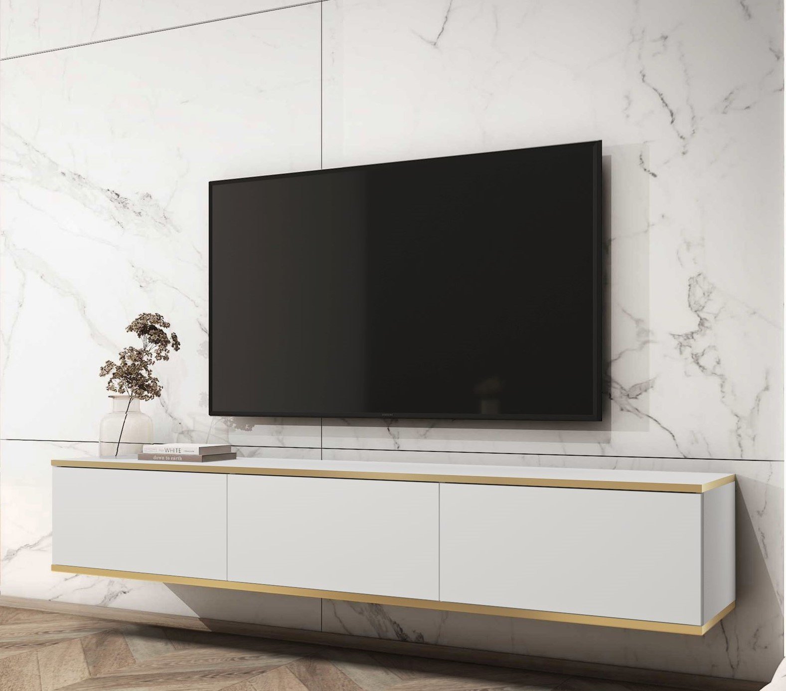 Meble Lindner Wisząca Komoda RTV Biały Mat Glamour Szafka RTV 175 cm