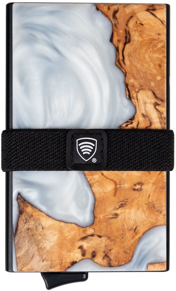Aluminiowy portfel z wysuwanymi kartami i ochroną kart zbliżeniowych (drewno + biała żywica) Uniwersalny