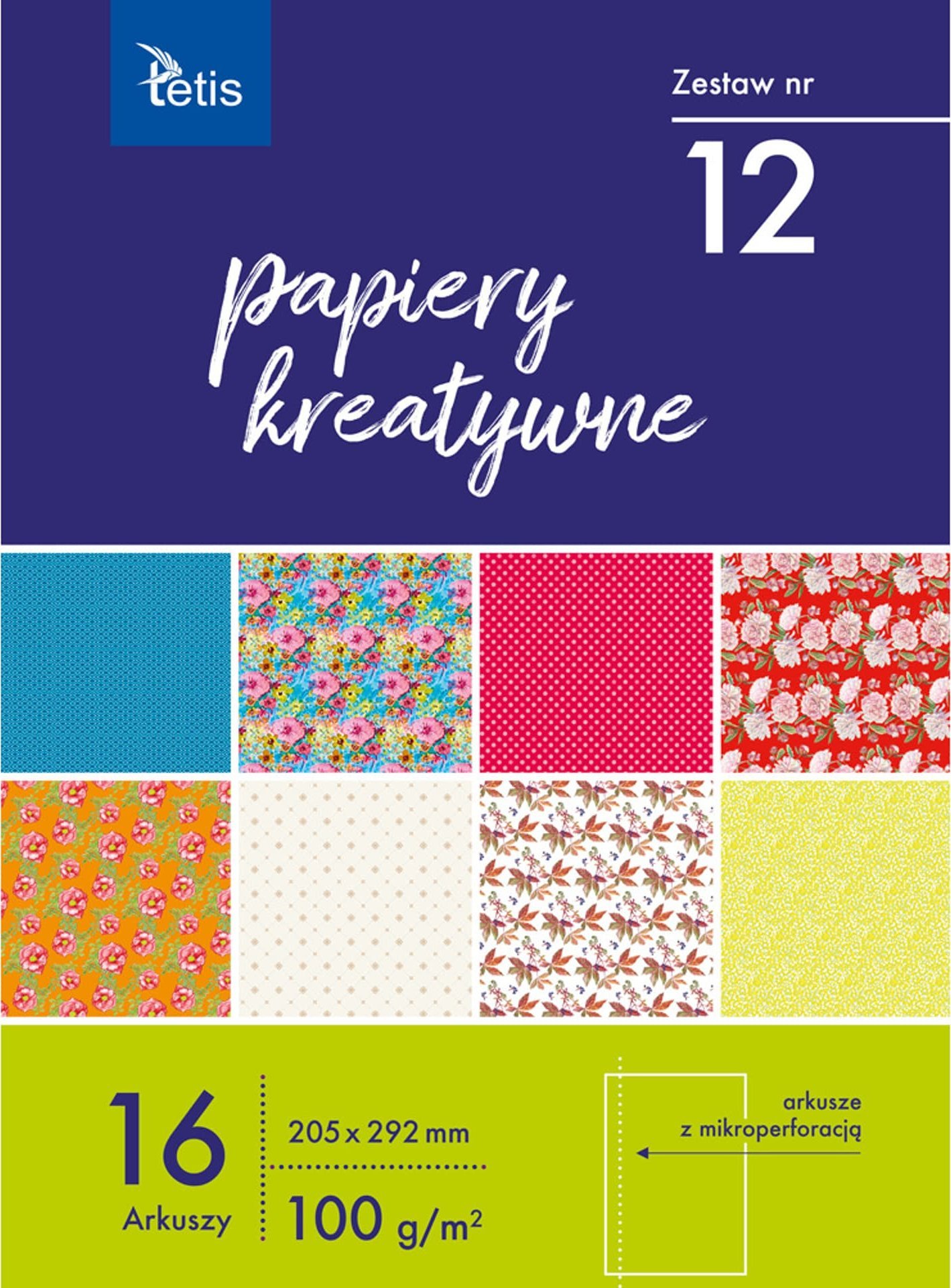 Tetis Papiery kreatywne A4 205x292mm 16 arkuszy zestaw nr 12 KB030-12