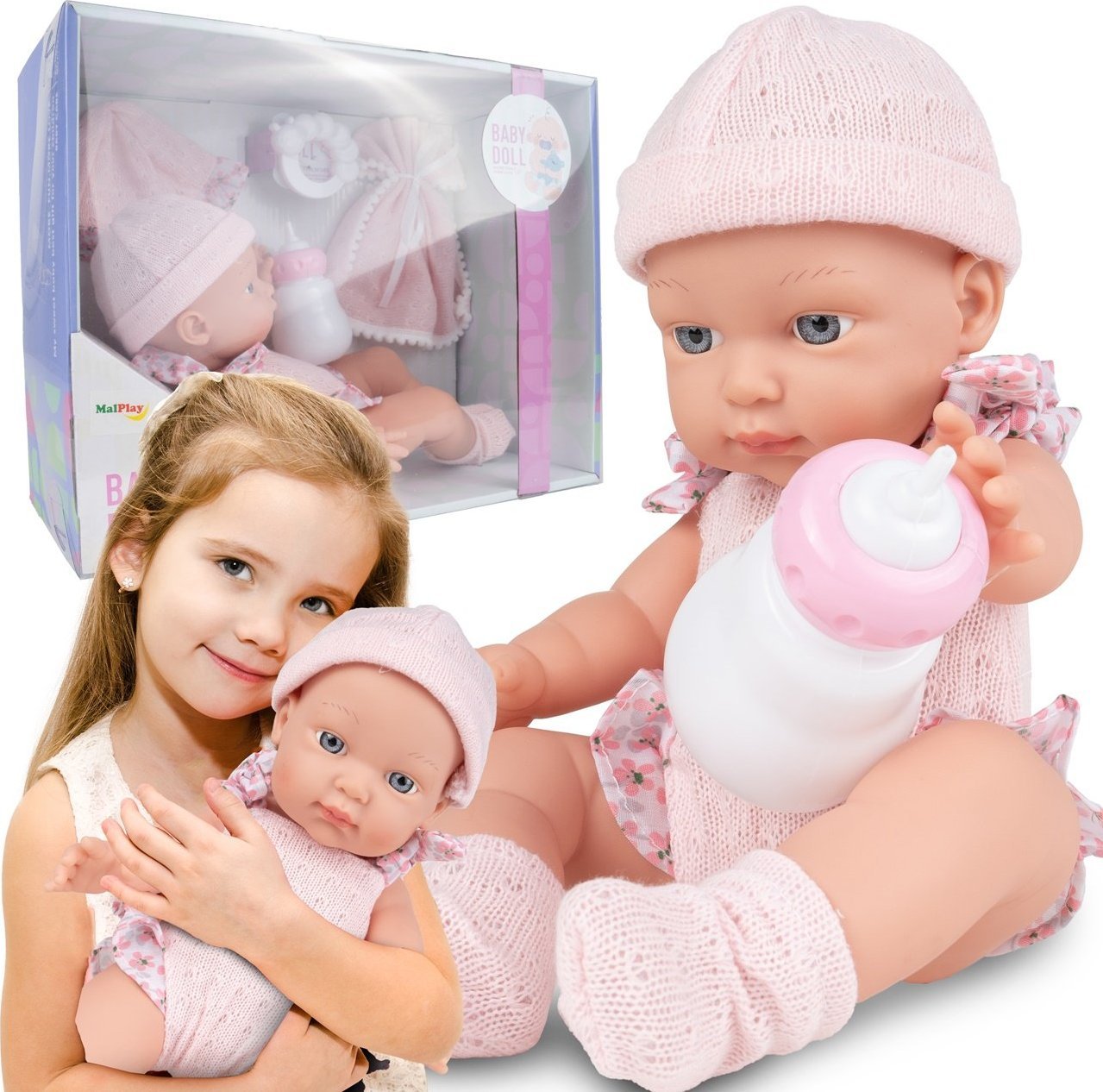 MalPlay Lalka Bobas Niemowlak do Karmienia i Akcesoria