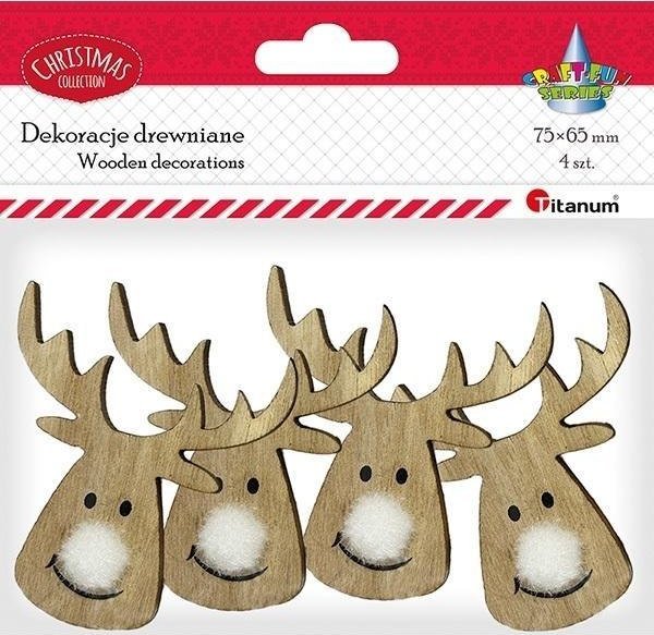 Drewniane głowy renifera z pomponowym nosem 4szt