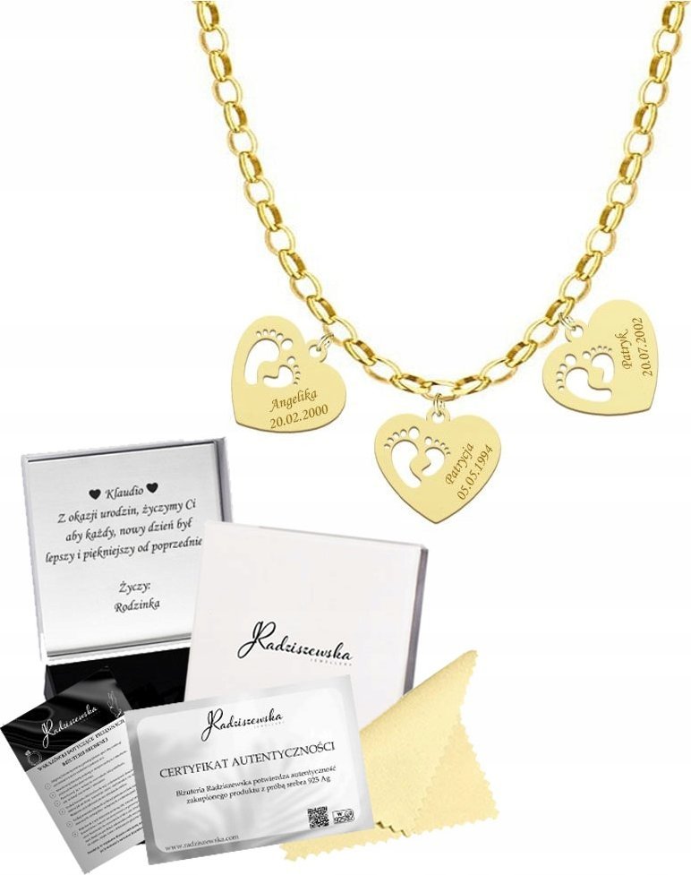 Radziszewska Jewellery Naszyjnik Złoty z Imieniem Dziecka Stópki Serce Dzień Mamy 925 GRAWER