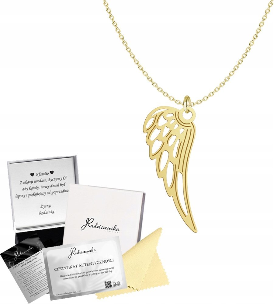 Radziszewska Jewellery Złoty Naszyjnik Skrzydło Anioła Łańcuszek SREBRO 925 Prezent Biżuteria