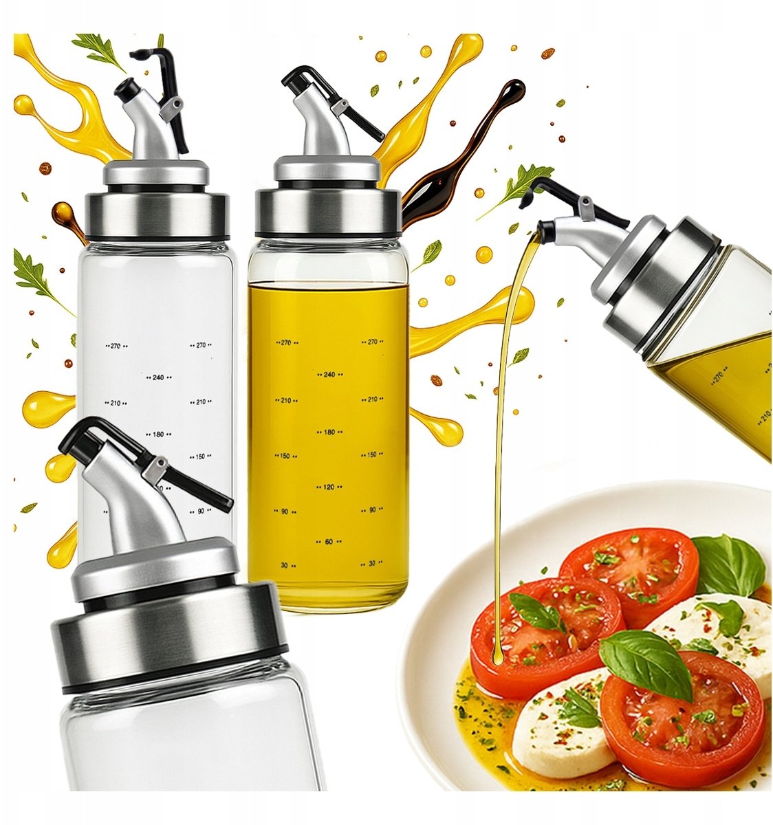 2x Szklana Butelka Dozownik z Podziałką 0,3 l na oliwę ocet syrop sos olej