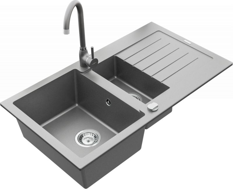 Zlewozmywak Mexen Mexen Matias granitowy 1,5-komorowy z ociekaczem i baterią kuchenną Telma, szary - 6502-71-670200-71