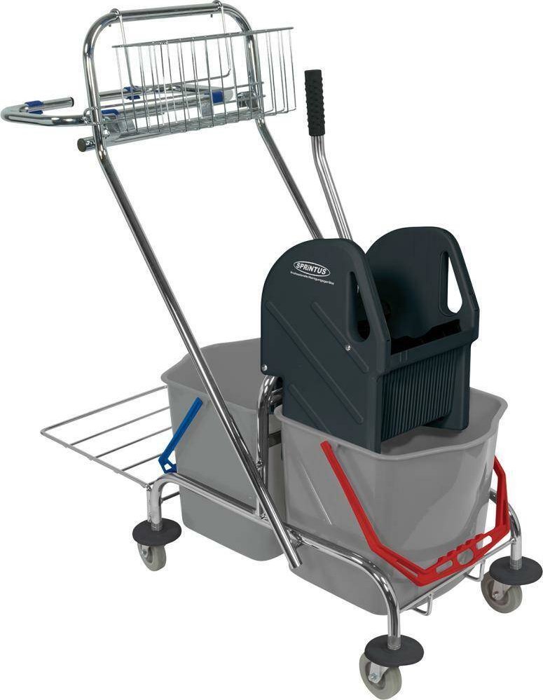 Wozek do sprzat. podwojny, chrom, 2x17l z prasa, kosz i mocow. do worka na smieci