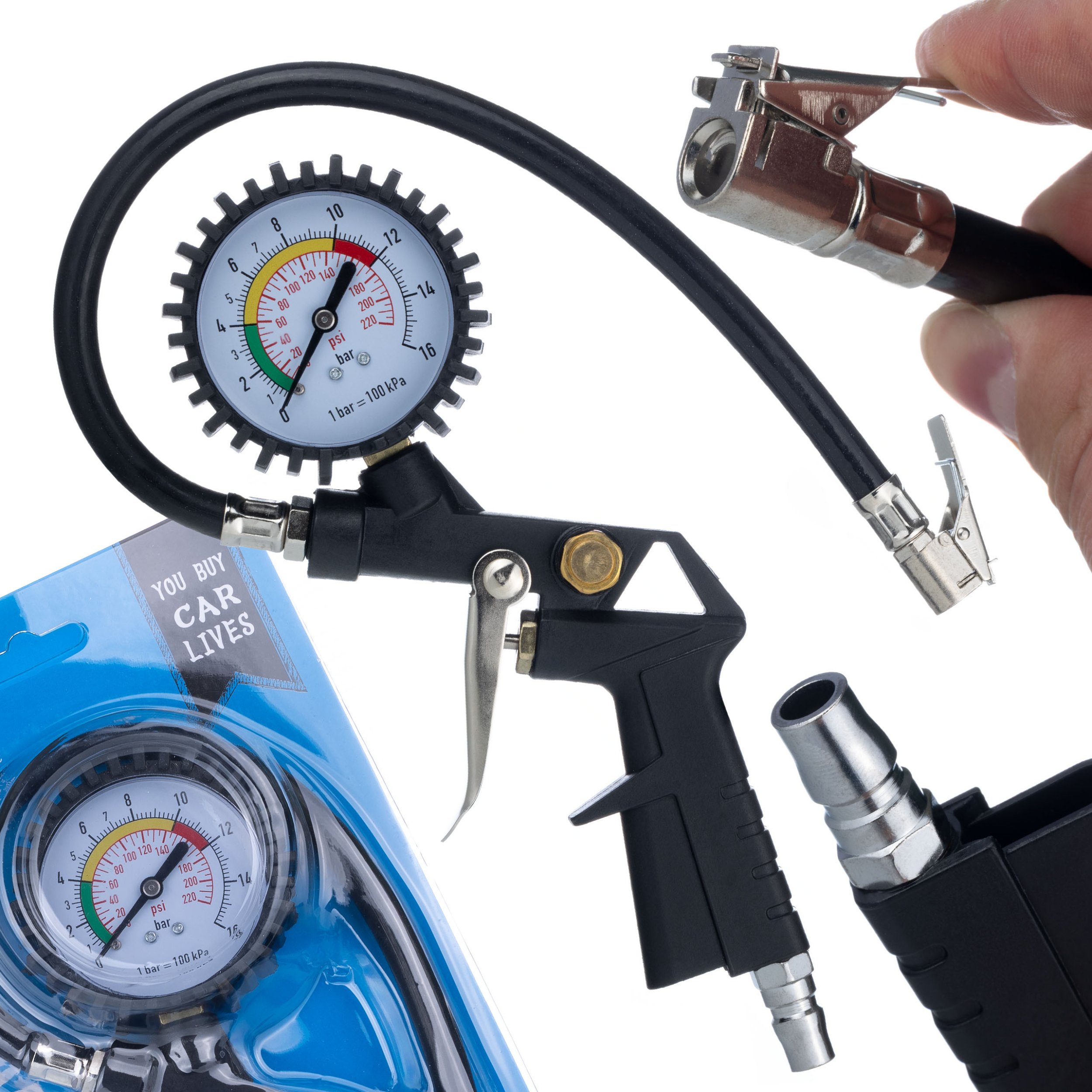 PISTOLET DO POMPOWANIA KÓŁ PNEUMATYCZNY Z MANOMETREM MANOMETR 0-16 BAR HQ