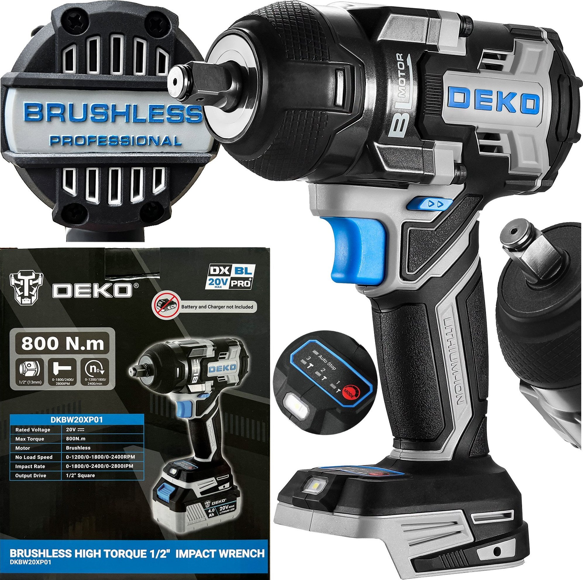 Klucz udarowy Deko KLUCZ UDAROWY AKUMULATOROWY SILNIK BEZSZCZOTKOWY 1/2'' KLUCZ DO KÓŁ DEKO