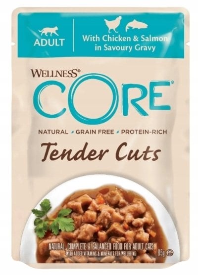 Brit Core Tender Cuts mokra karma dla dorosłych kotów, kurczak i łosoś w sosie, 85g, saszetka, 8szt/DISPLAY