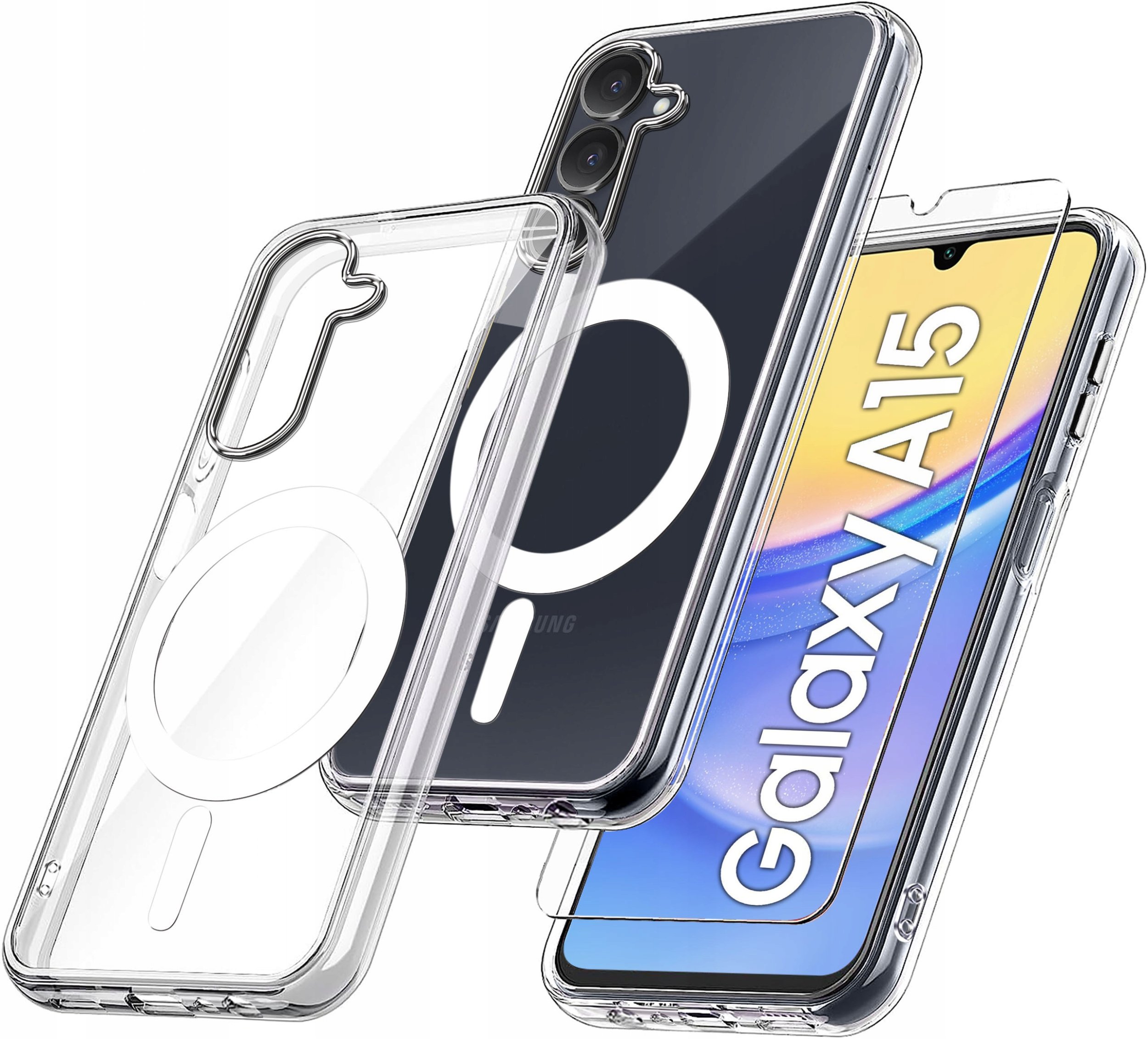 ETUI do Samsung A15 5G WZMACNIANE do MAGSAFE ANTI SHOCK CLEAR CASE + Szkło