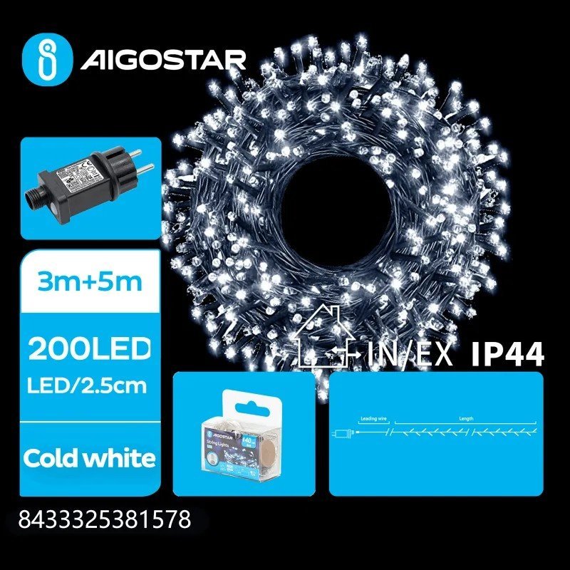 Lampki choinkowe Aigostar Niskonapięciowe lampki choinkowe 200led z flashem Zimne 5m+3m Niskonapięciowe lampki choinkowe 200led z flashem Zimne 5m+3m