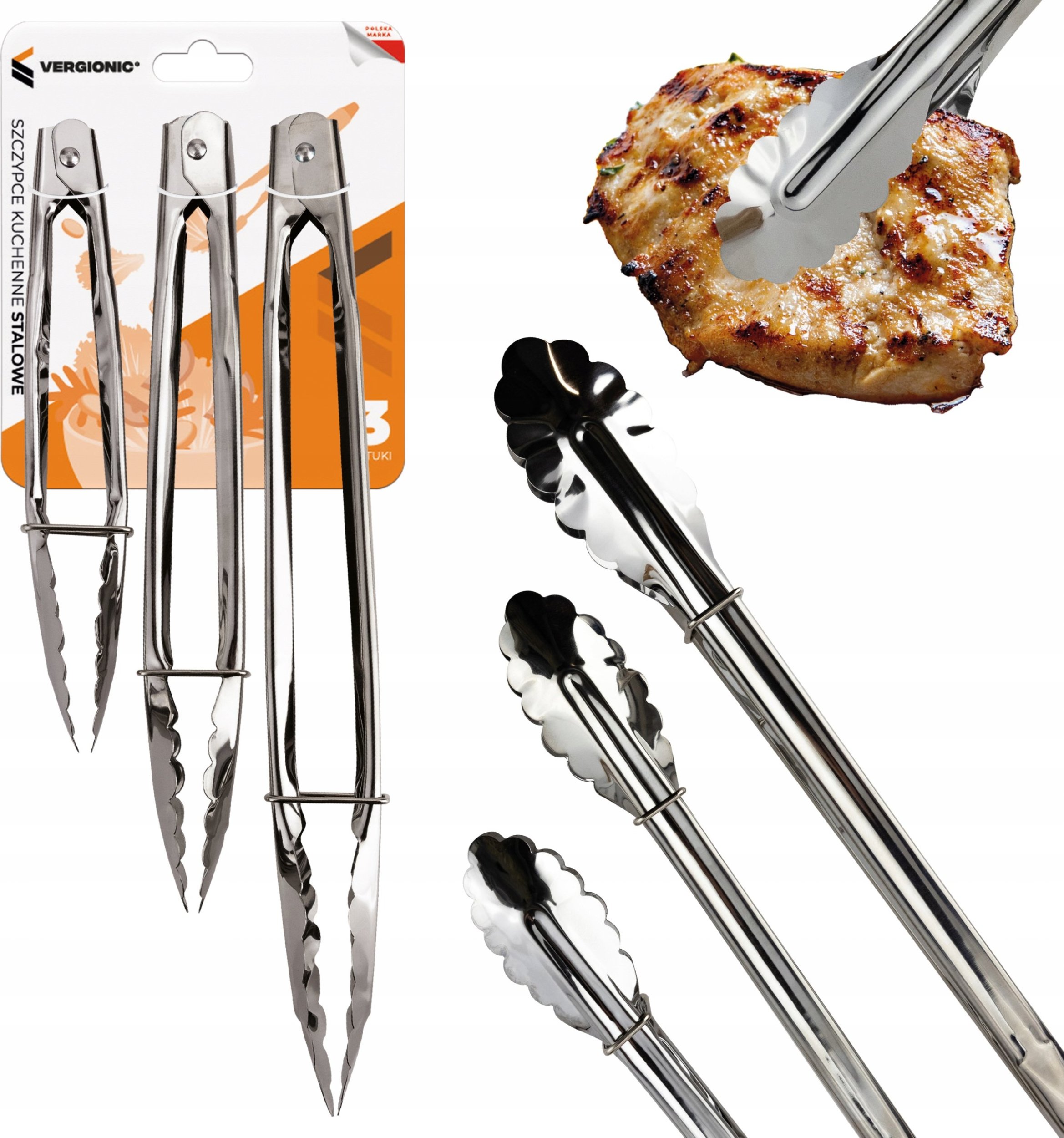 VERGIONIC Zestaw szczypce kuchenne grillowe stalowe 3 szt. różne rozmiary