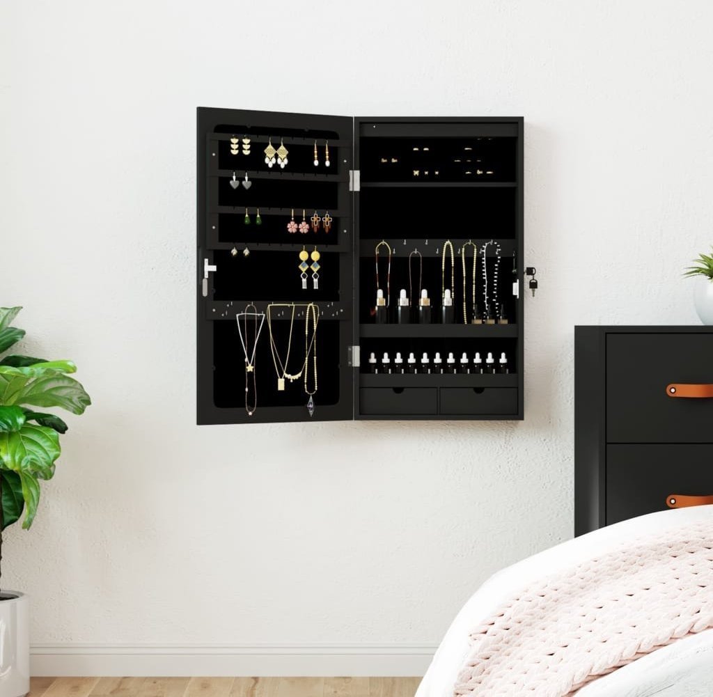 vidaXL Szafka ścienna na biżuterię, z lustrem i LED, czarna