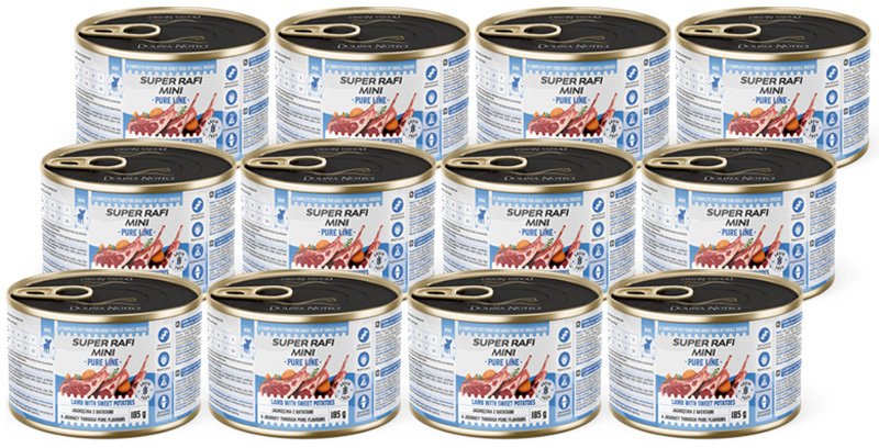 Rafi Super Mini Pure Line Mokra karma dla psów małych ras z jagnięciną i batatami zestaw 12 x 185 g