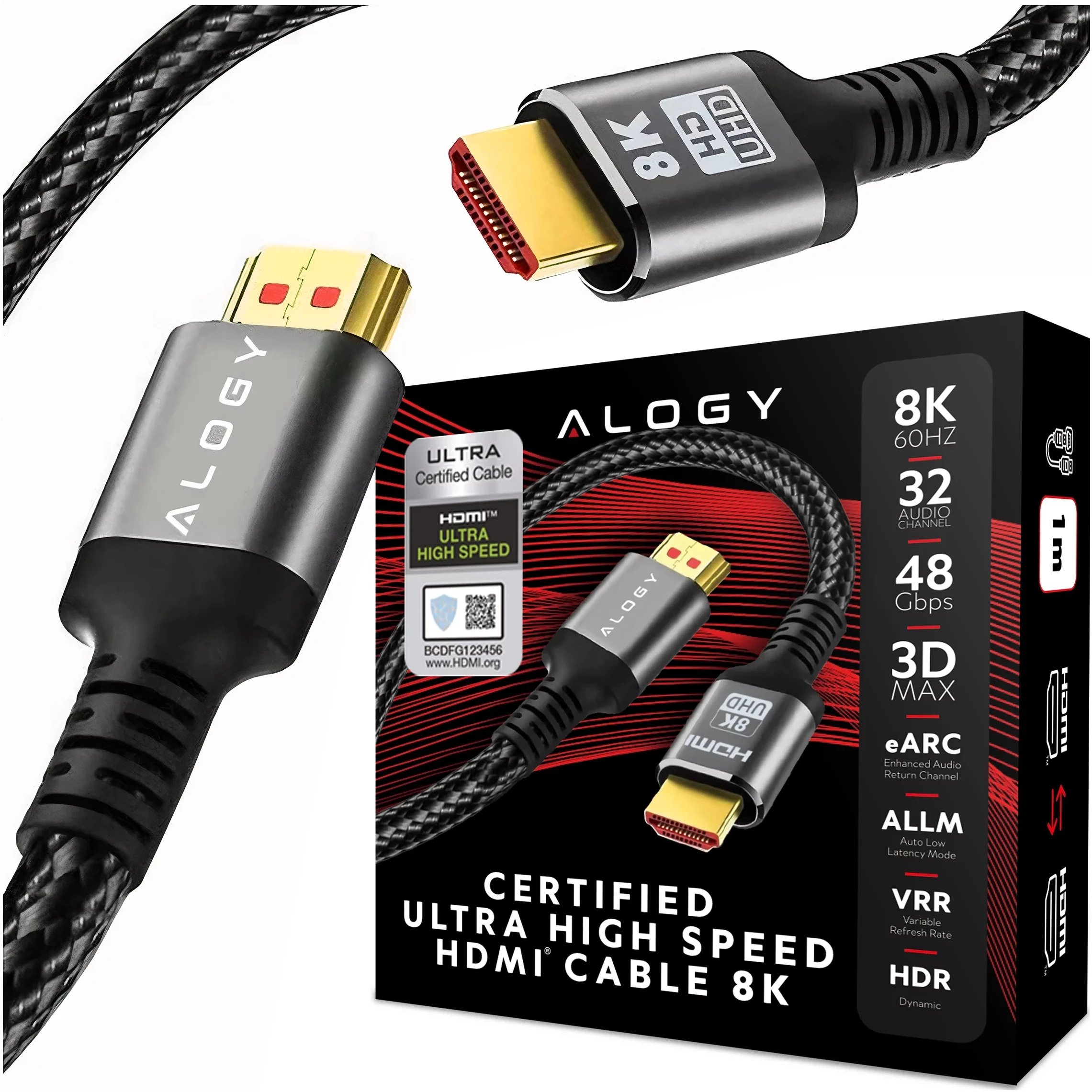 Kabel HDMI 2.1 Alogy 1m 4K 8K PREMIUM MIEDŹ ULTRA High Speed 60Hz 48GBps Czarny