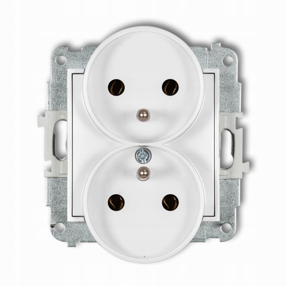 Gniazdo podwójne do ramki Karlik Mini 25MGPR-2z z uziemieniem 2x2P+Z bez przesłon torów prądowych biały mat