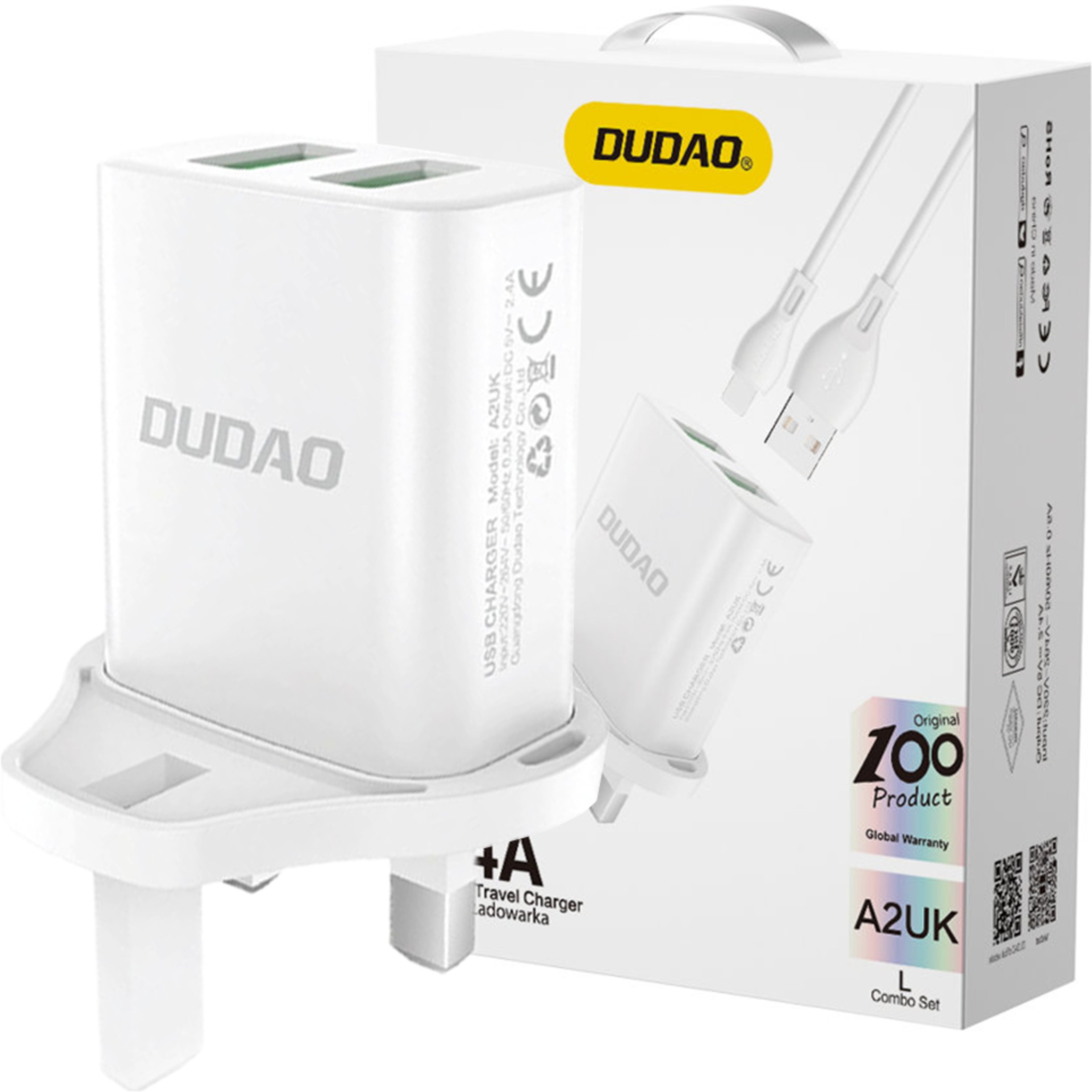 DUDAO ŁADOWARKA SIECIOWA WTYCZKA UK (WIELKA BRYTANIA) 2XUSB-A 2.4A BIAŁA + KABEL USB-A - USB-C BIAŁY