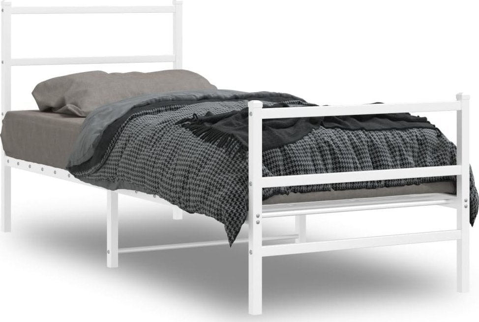 vidaXL Metalowa rama łóżka z wezgłowiem i zanóżkiem, biała, 75x190 cm