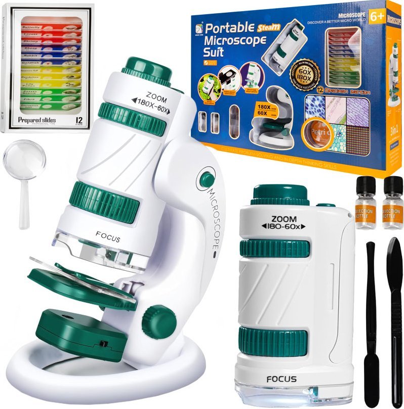 Mikroskop Edukacyjny Dla Dzieci 2W1 Laboratorium 60X/180X + Akcesoria