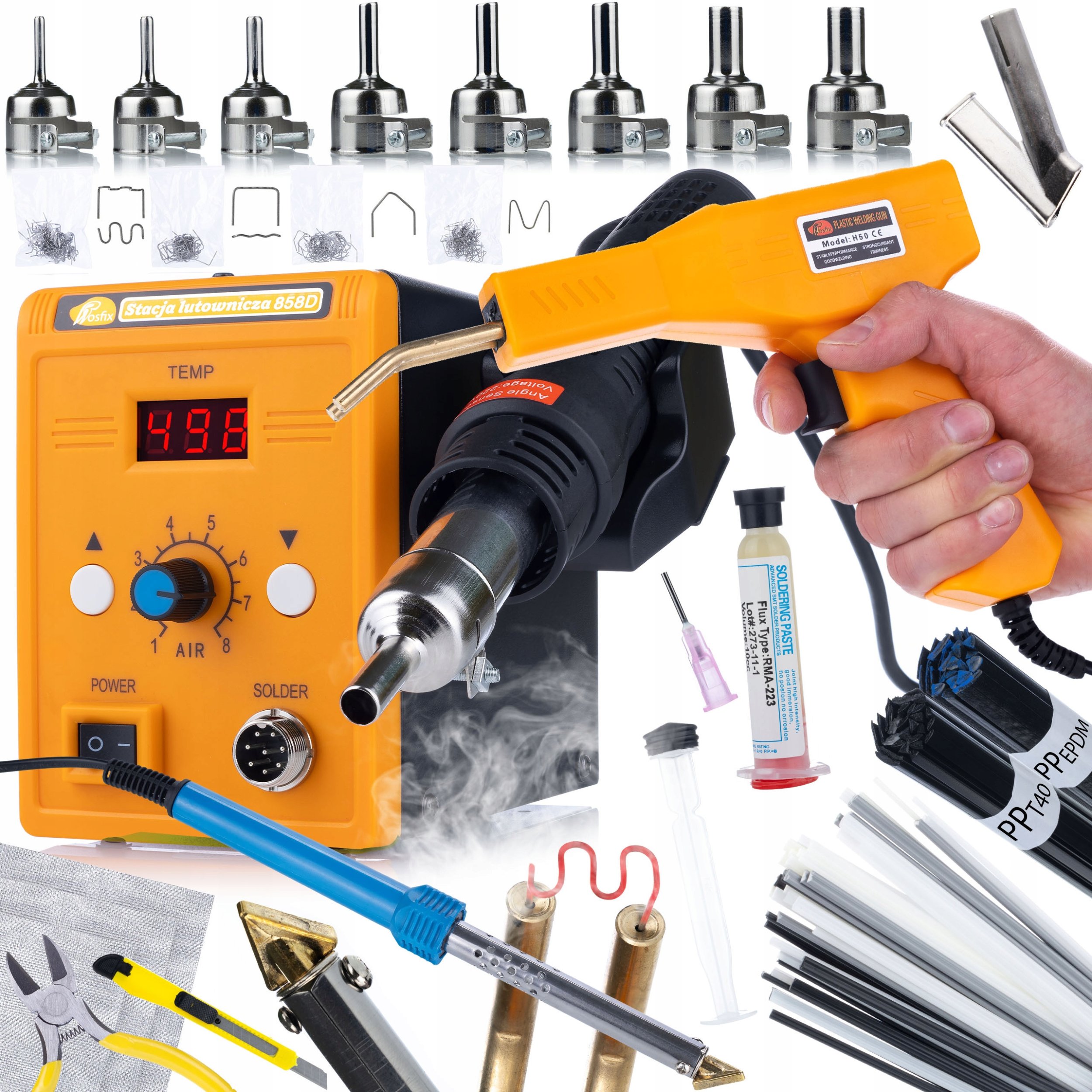 ROSFIX ZESTAW STACJA LUTOWNICZA 858D LUTOWNICA ZSZYWACZ SPOIWA DYSZE SIATKI