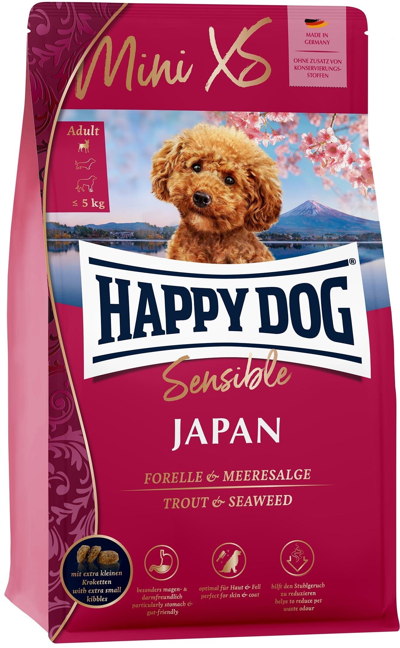 Happy Dog Mini XS Japan, sucha karma, dla dorosłych psów do 5 kg, pstrąg i algi, 1,3 kg