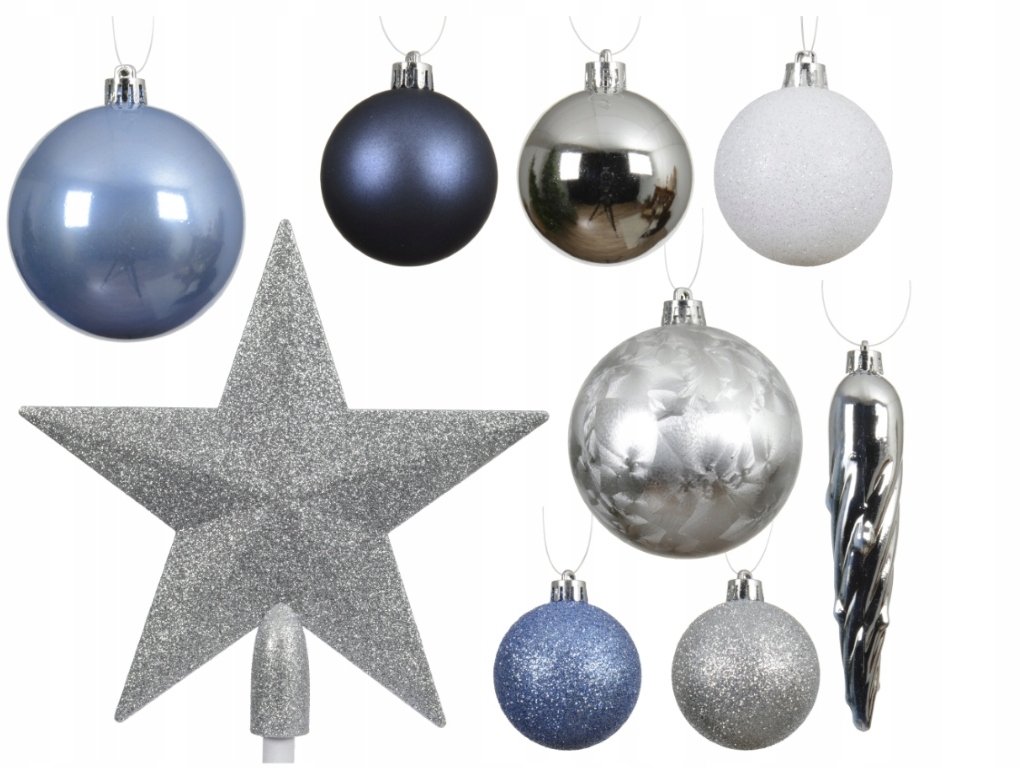 Bombki choinkowe zestaw 33 sztuk nietłukące chłodne odcienie brokat i błysk