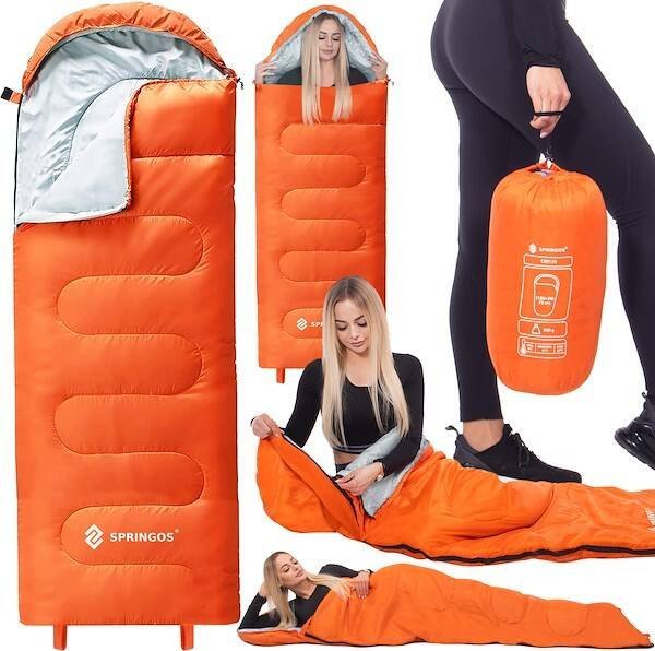 Springos Śpiwór turystyczny mumia 205x73 cm 2w1 ciepły kempingowy pomarańczowy UNIWERSALNY