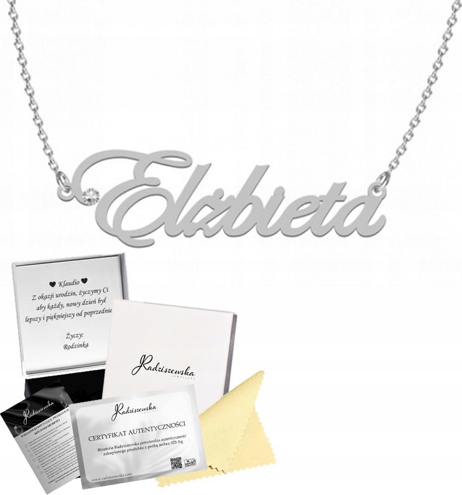 Radziszewska Jewellery Naszyjnik Srebrny z Imieniem Elżbieta 925 Łańcuszek ŻYCZENIA GRATIS