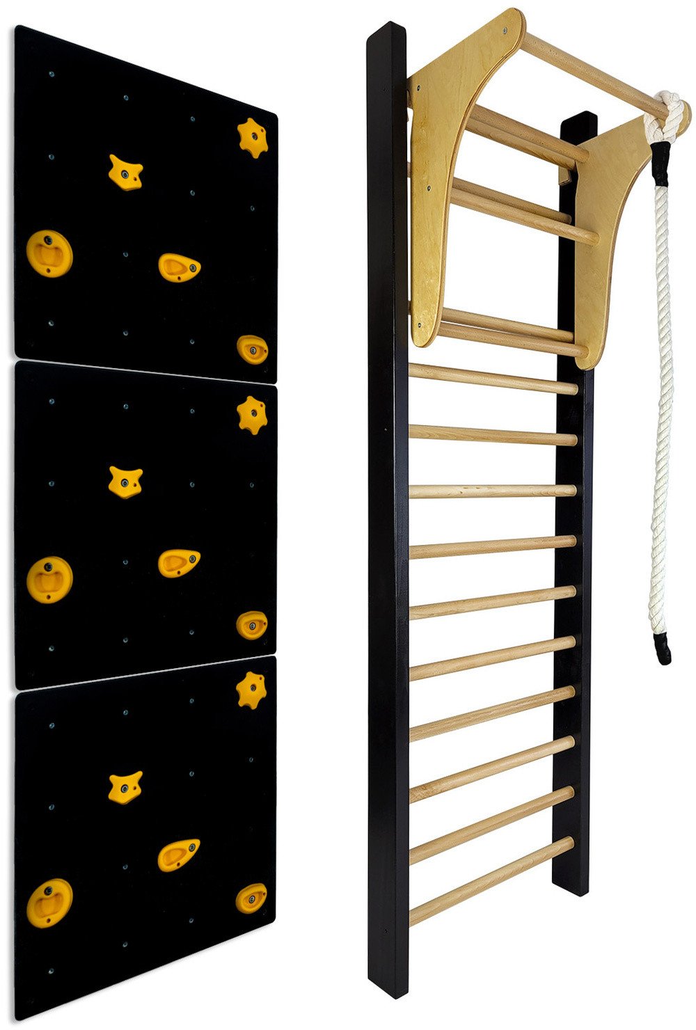 Drabinka gimnastyczna LEON 220x80 czarna + drążek + ścianka wspinaczkowa