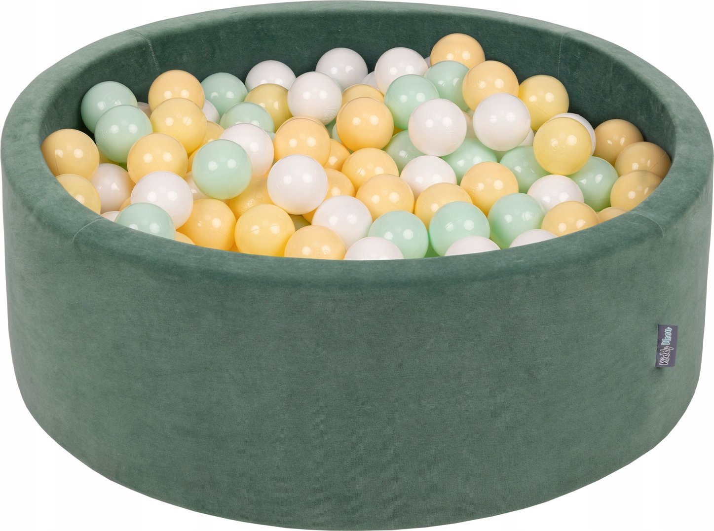 KiddyMoon Suchy basen okrągły VELVET z piłeczkami 7cm zieleń lasu: pastelowy żółty-biały-mięta 90x30cm/200piłek Zabawka basen piankowy