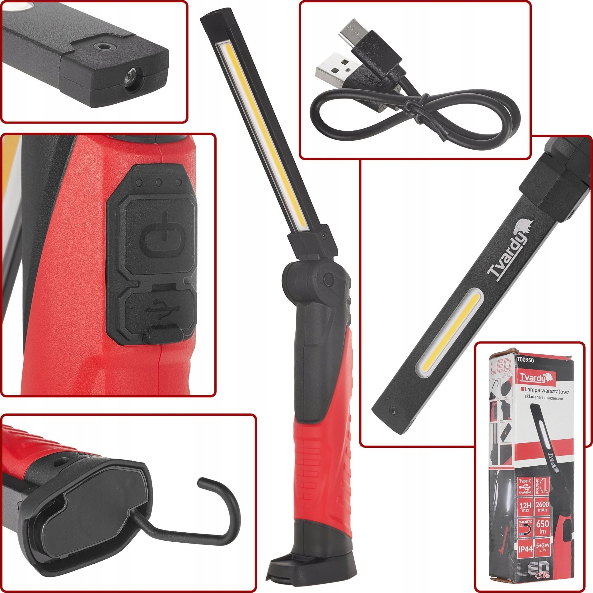 Tvardy Lampa warsztatowa składana z magnesem LED COB 5W + 3W 2600mAh 650lm IP44 (40)