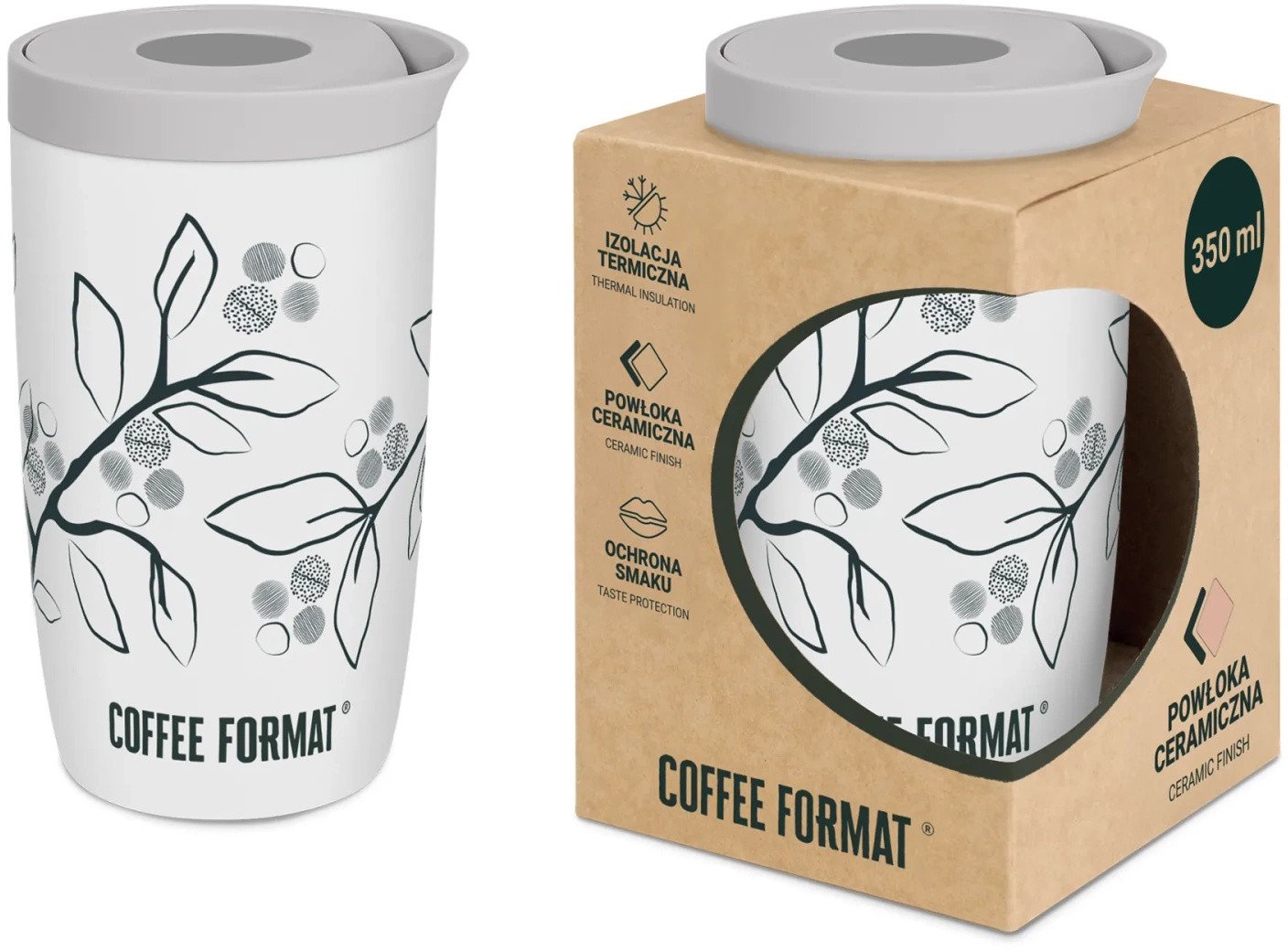 Coffee Format Biały kubek termiczny z motywem roślin 350 ml