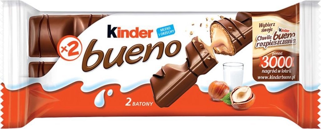 Kinder Bueno Wafel w mlecznej czekoladzie wypełniony mleczno-orzechowym nadzieniem 43 g (2 sztuki)