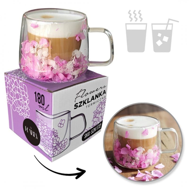 Szklanka termiczna z hortensją w środku fiolet 180 ml 1szt SZK172