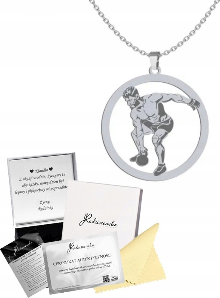 Radziszewska Jewellery Naszyjnik Srebrny Męski Kettlebell CrossFit Pancerka 925 Prezent GRAWER